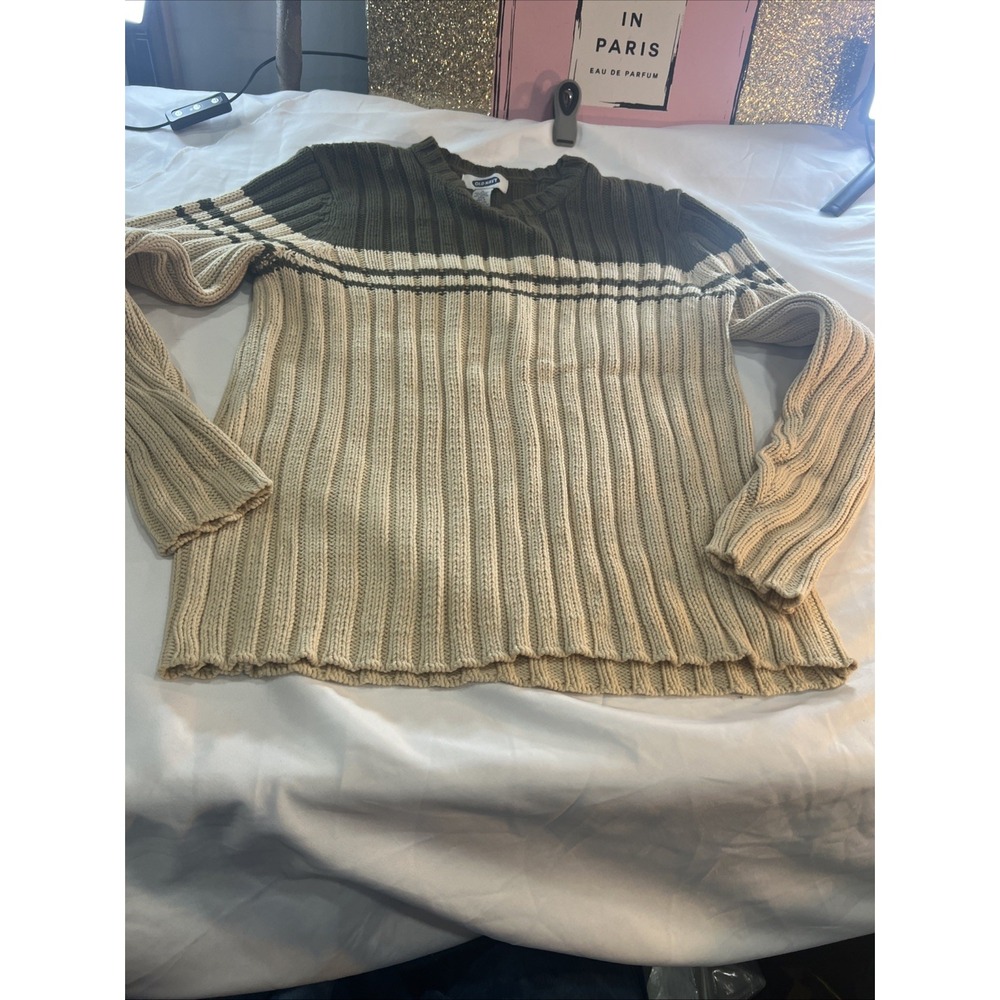 Old Navy Unisex Sweater M Beige Grunge Y2K Striped Round Neck Ribbed Skater 16